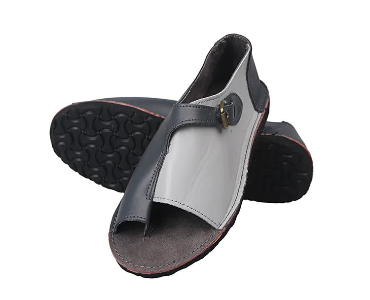 Women's Retro PU Leather Peep Toe Flat Sandals