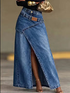 Women's Washed Denim Maxi Skirt High Waist Asymmetric Front Slit