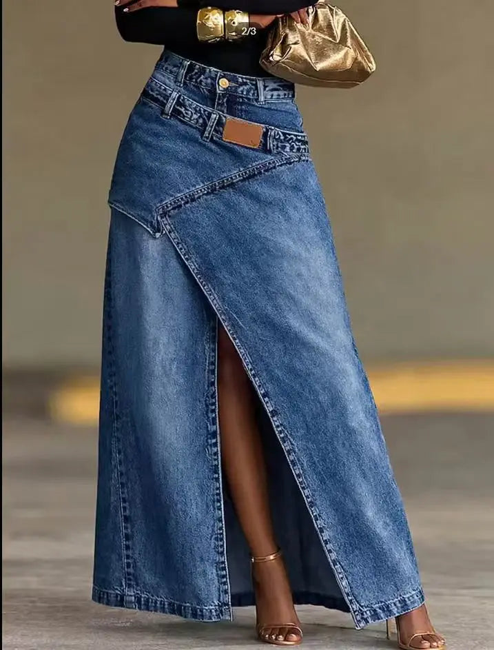 Women's Washed Denim Maxi Skirt High Waist Asymmetric Front Slit