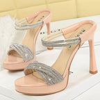 Women's Open Toe Stiletto Sandals Rhinestone 4.5-Inch Heels