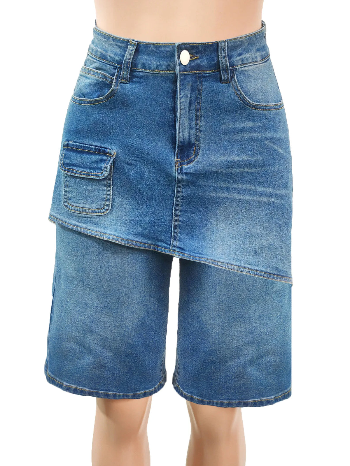 OKAYOASIS Women's High-Waisted Denim Cargo Shorts Vintage Streetwear Blue