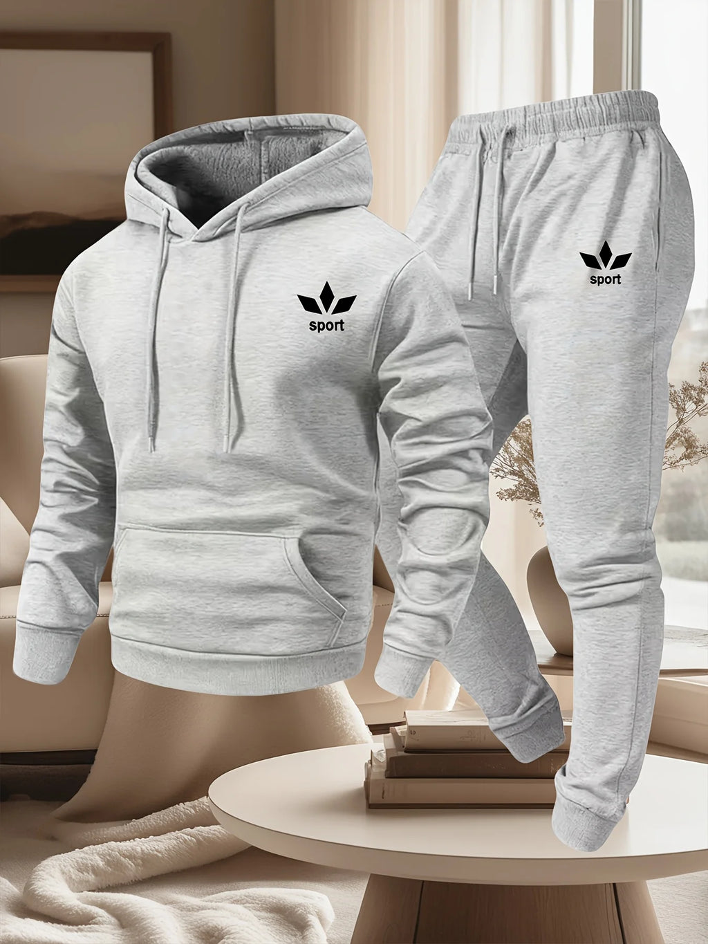 Men's Warm Fleece Lined Printed Hoodie and Jogger Pants Tracksuit Set