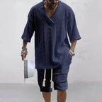Men's V-Neck Short Sleeve Knitted T-Shirt and Shorts Casual Two-Piece Set