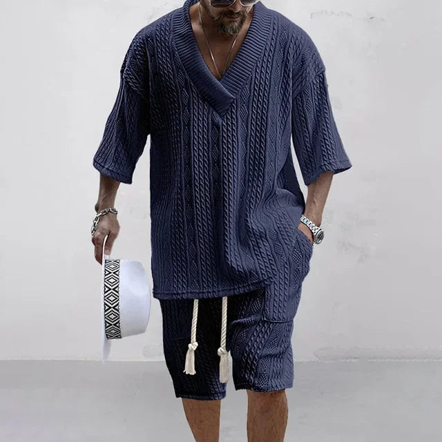 Men's V-Neck Short Sleeve Knitted T-Shirt and Shorts Casual Two-Piece Set