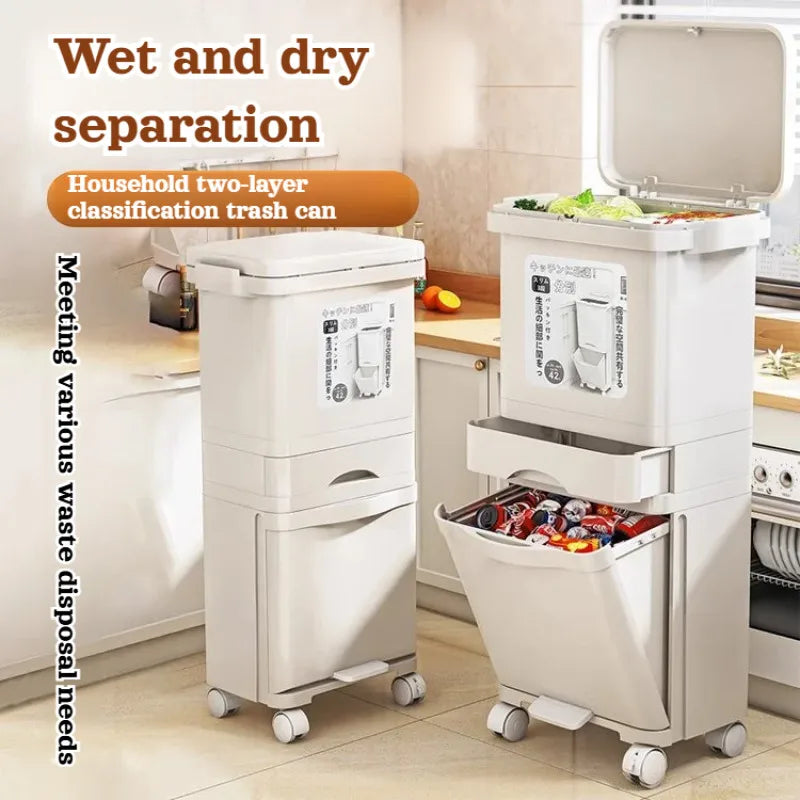 Movable Double Partition Kitchen Trash Can with Lid 11.1 Gallon