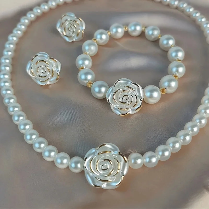 Women's Fashion Elegant Flower Pearl Necklace Earrings Bracelet Jewelry Set
