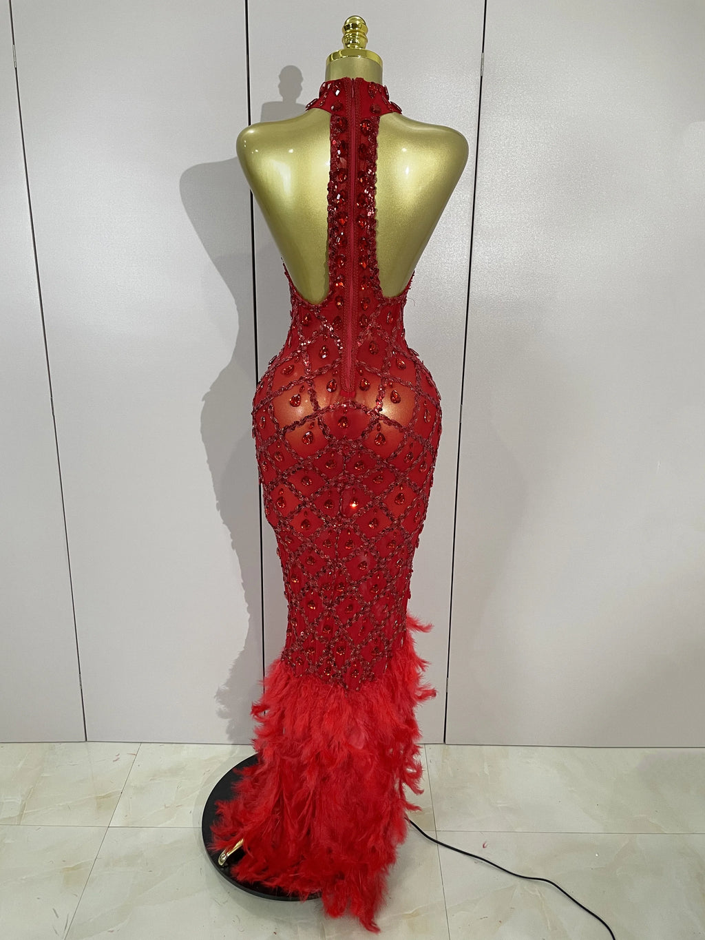 Women's Sparkly Rhinestones Feather Mesh See Through Long Dress