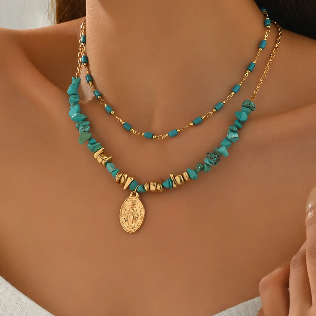 Women's Trendy Bohemian Blue Natural Stone Geometric Pendant Necklace