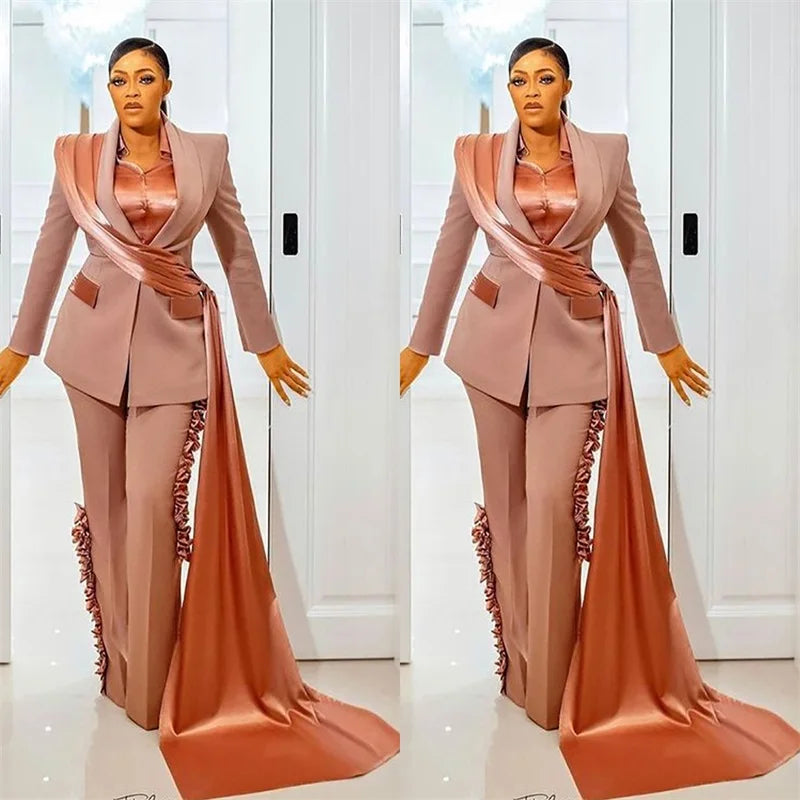 Women's V Neck Long Tail Blazer Pants Suit Two-Piece Set