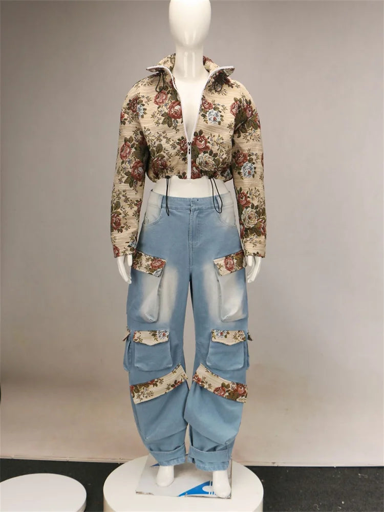 Women's Denim Casual Coat Cargo Pants Two-Piece Set