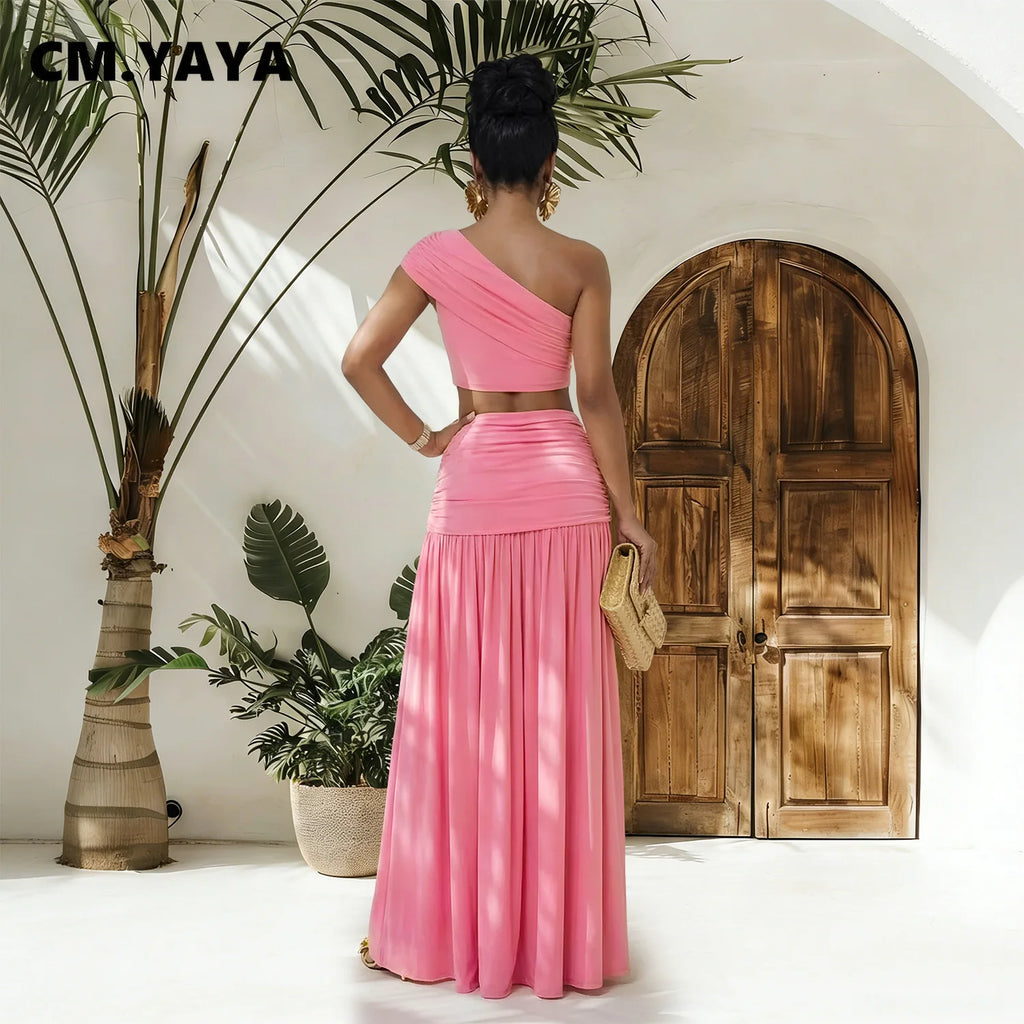 Women's Casual One Shoulder Crop Top and Long Skirt Two Piece Matching Set