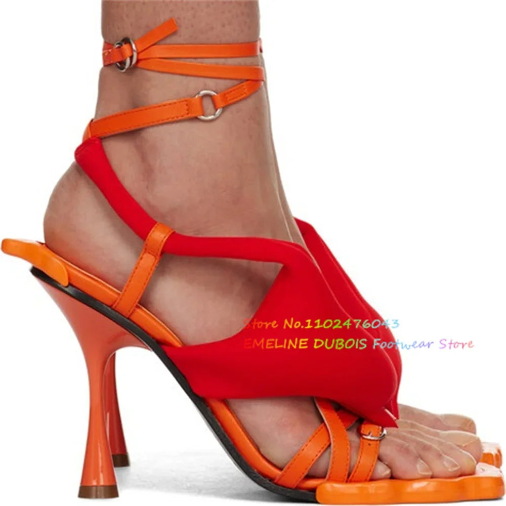 Women's Multicolor Rivet Flower Square Toe High Heel Sandals