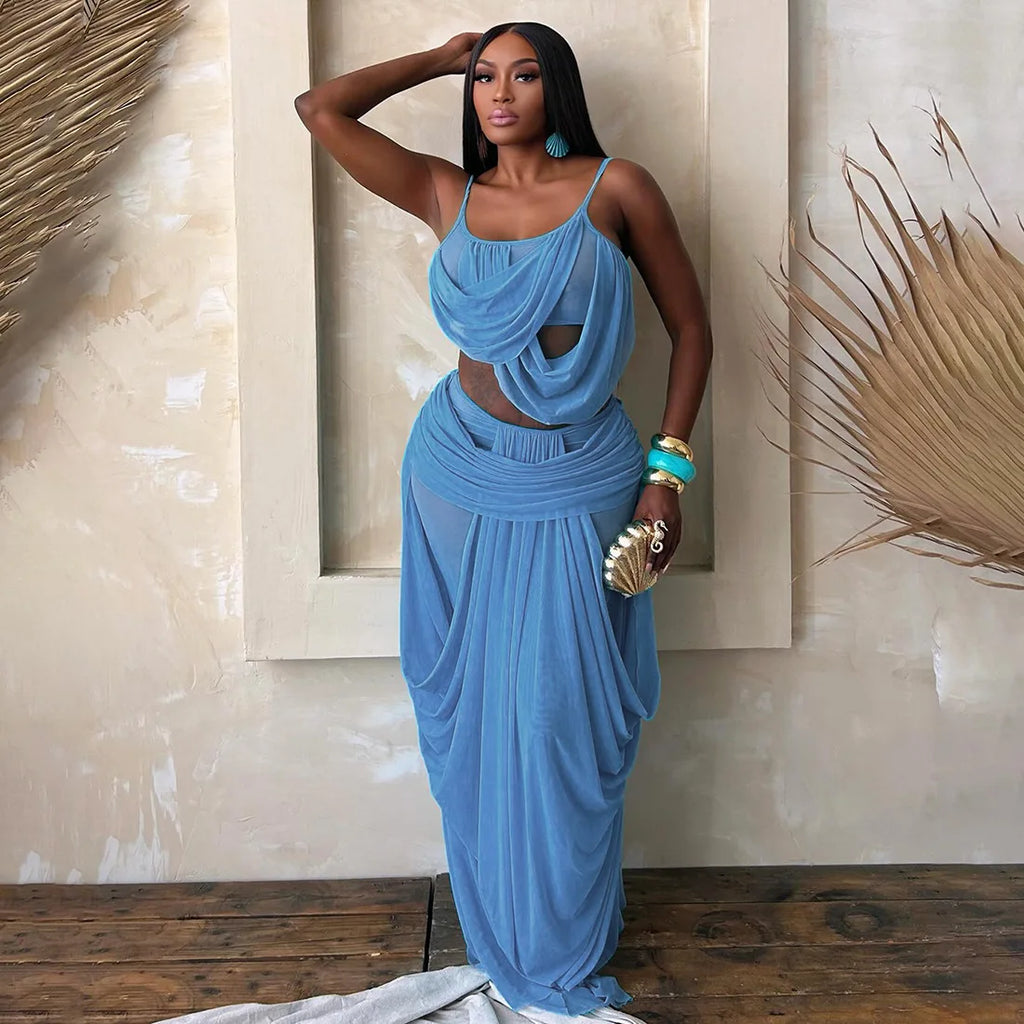 Draped Ruched Mesh Maxi Dress Spaghetti Strap Cutout Cover Up