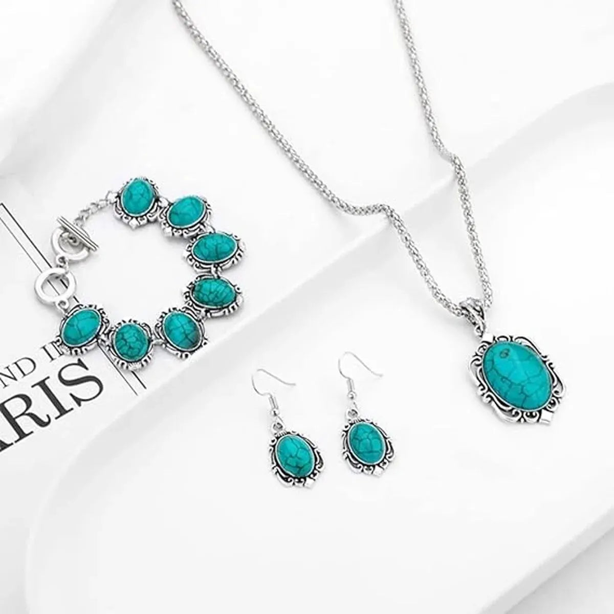 Women's Fashion Vintage Turquoise Bracelet Necklace Earrings Jewelry Set