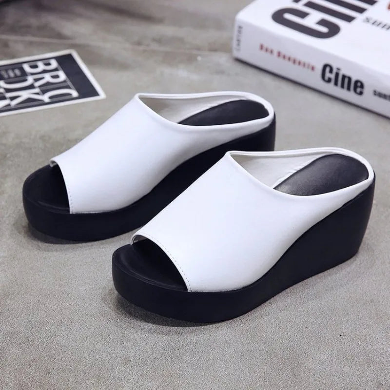 Women's Peep Toe Wedge Sandals Platform Slip On Mules