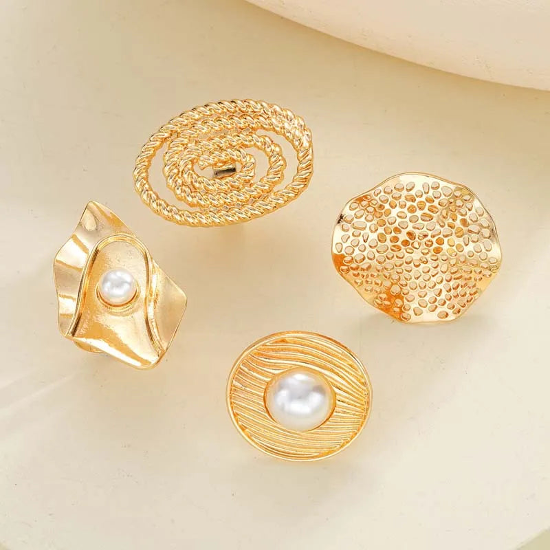 Women's Fashion Elegant Flower Pearl Hollow Geometric Ring Jewelry Set