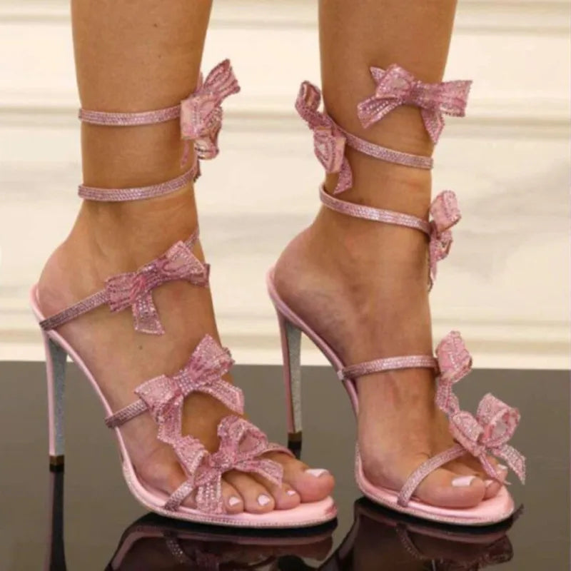 Women's Rhinestone Mesh Bowknot Snake Coiled Gladiator Stiletto Sandals 3.7in