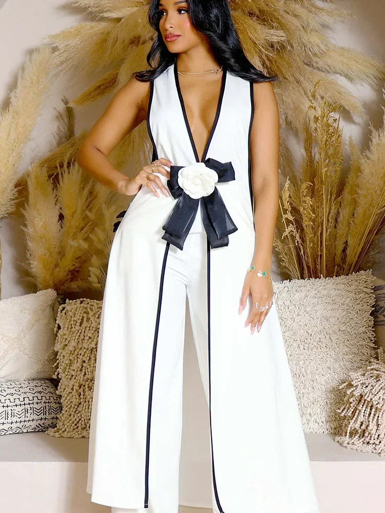 Women's Bow Applique Sleeveless Top Wide Leg Pants Set