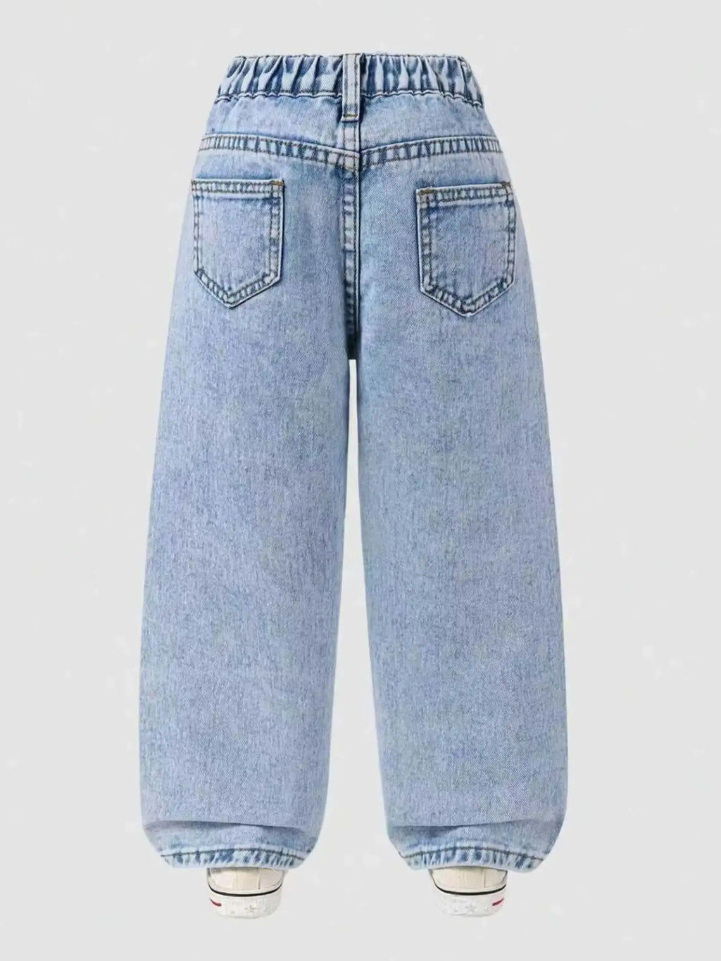 Girls' Floral Print Towel Stitch Elastic Waist Denim Jeans