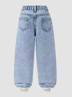 Girls' Floral Print Towel Stitch Elastic Waist Denim Jeans