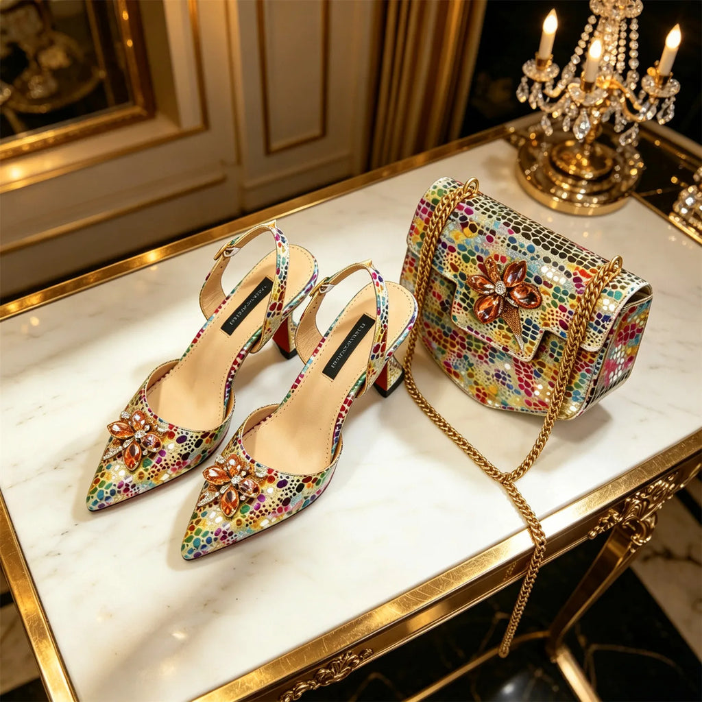 Women's Pointed Toe Rhinestone Heels and Handbag Set