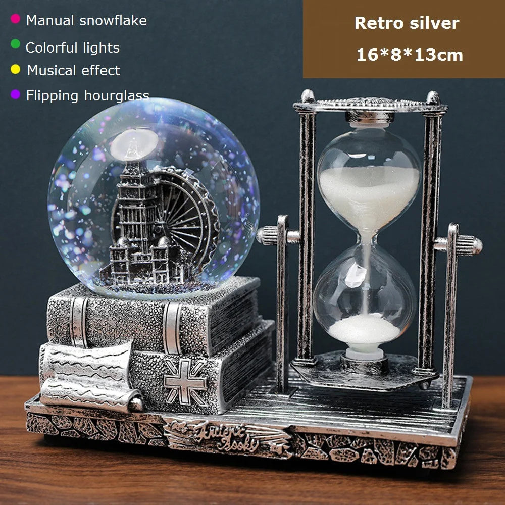 Vintage Luminous Snow Globe and Retro Hourglass Ornament
