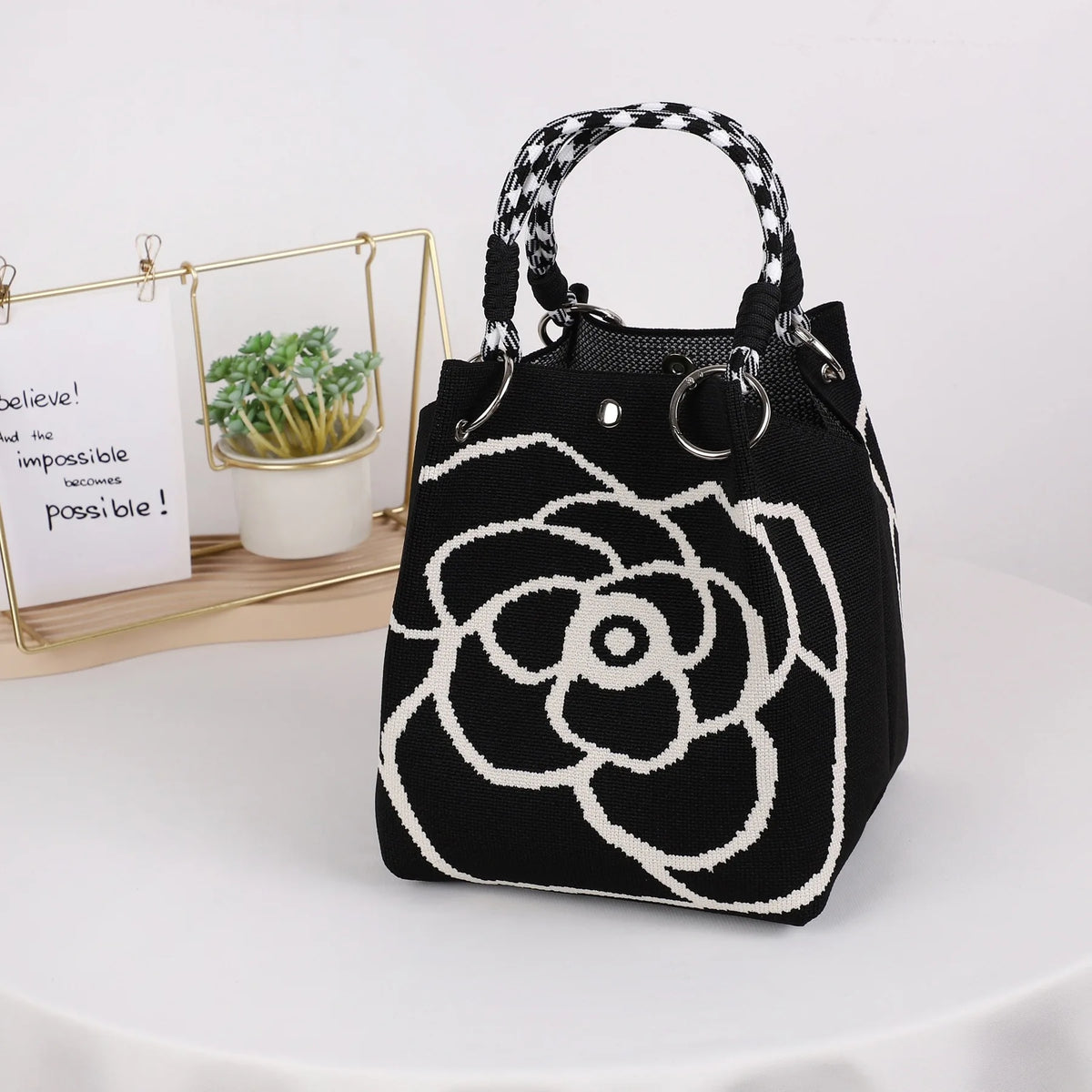 Women's Mini Knitted Geometric Colorblock Bucket Handbag