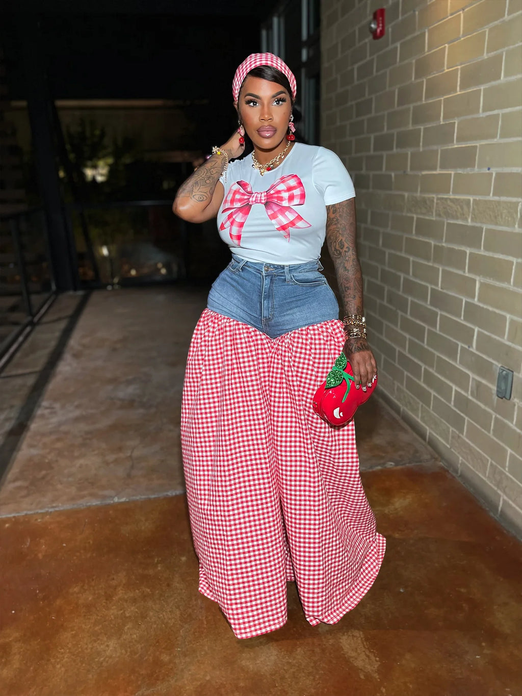 Women's Patchwork Wide Leg Jeans Two-Piece Plaid Tracksuit Set