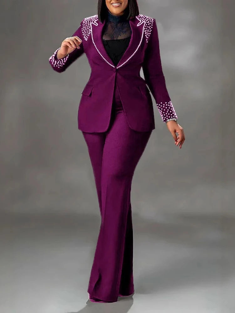 Women's Beaded Blazer Straight Pants Suit