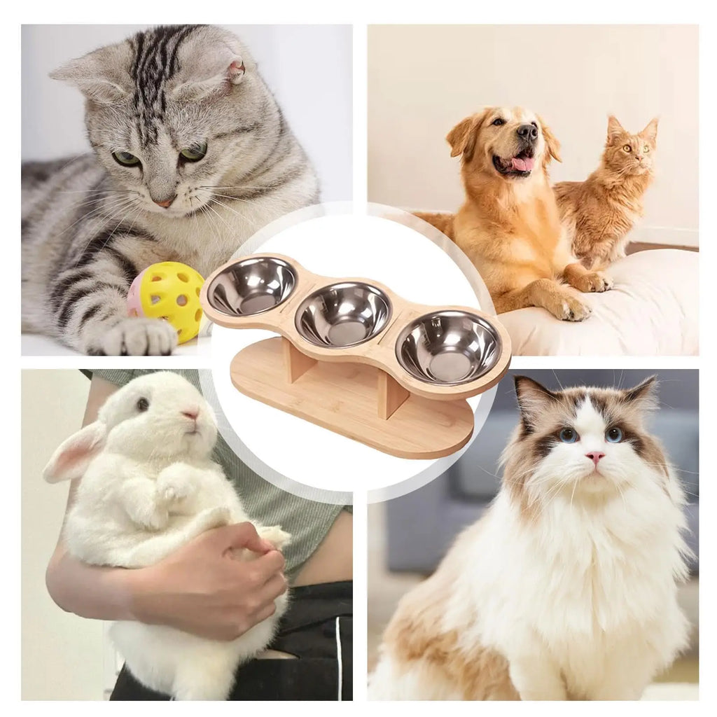 Elevated Wood Cat Feeder with 3 Stainless Steel Bowls