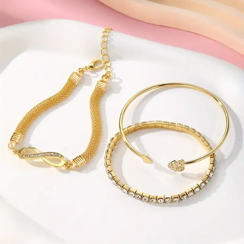 Women's Fashion Elegant Crystal Rhinestone Heart Cuff Bracelet Set