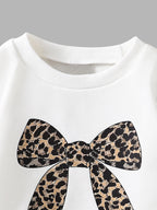 Girls' Leopard Bow Sweatshirt Wide Leg Pants Two-Piece Set