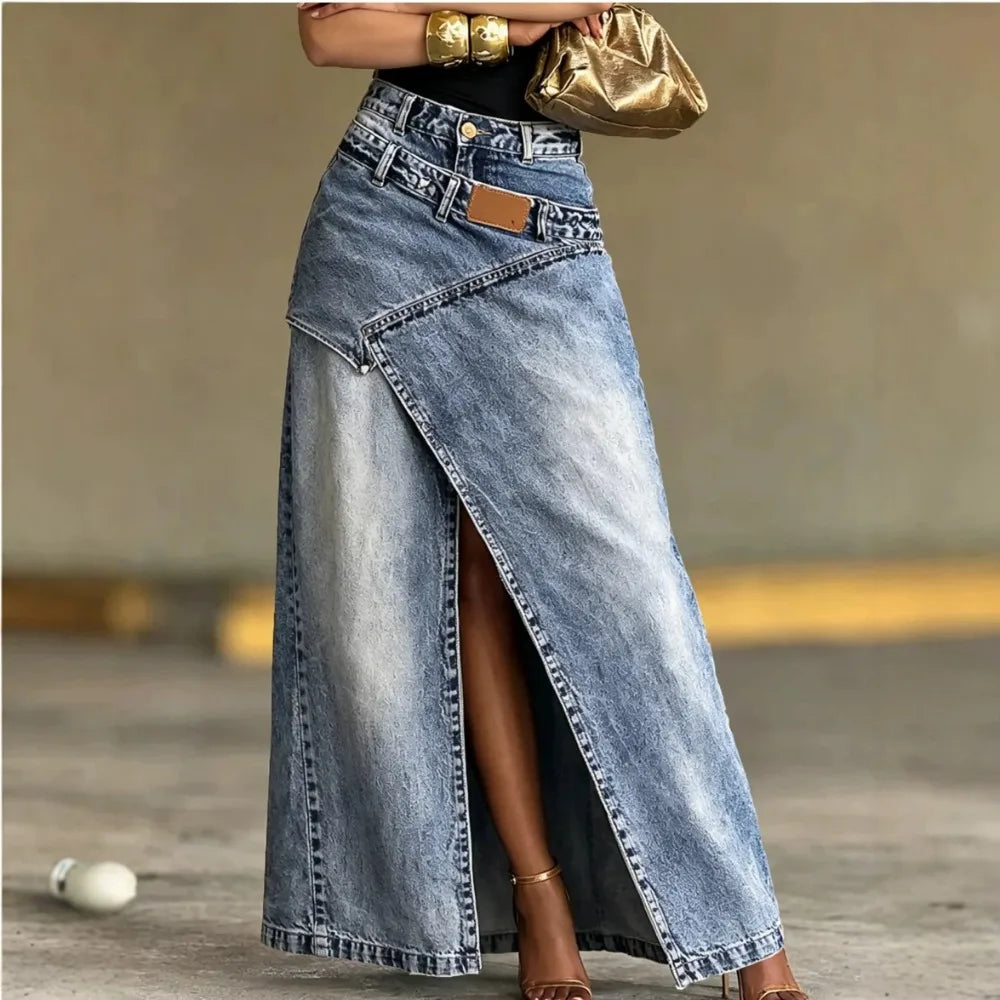 Women's Washed Denim Maxi Skirt High Waist Asymmetric Front Slit