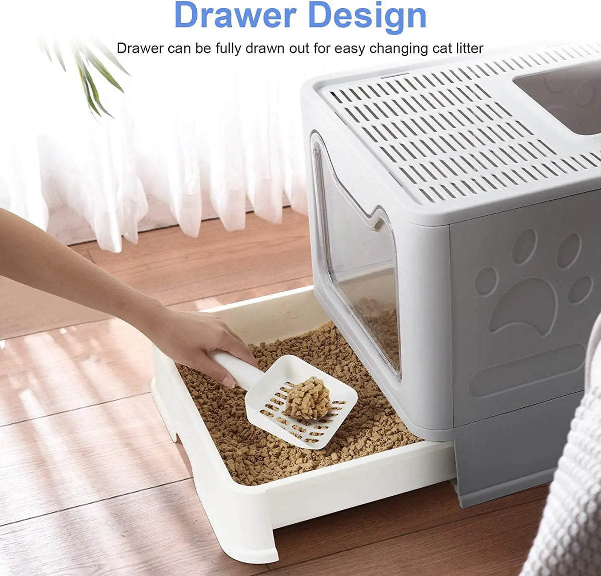 Foldable Hooded Cat Litter Box and Drawer Toilet Pan