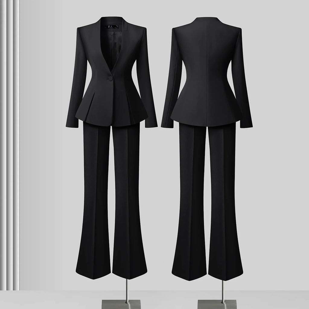 Women's Solid Long Sleeve Blazer Flare Pants Suit