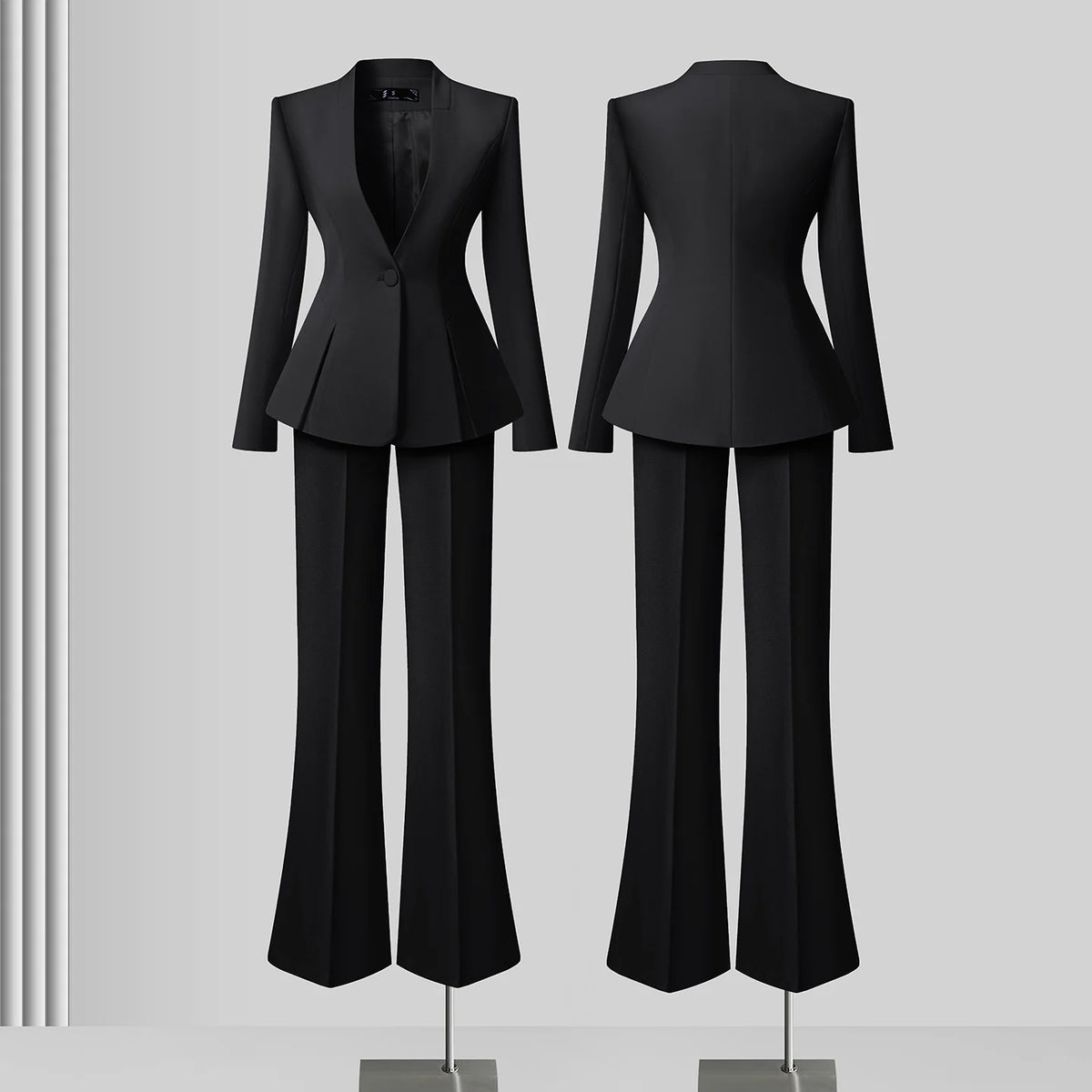 Women's Solid Long Sleeve Blazer Flare Pants Suit