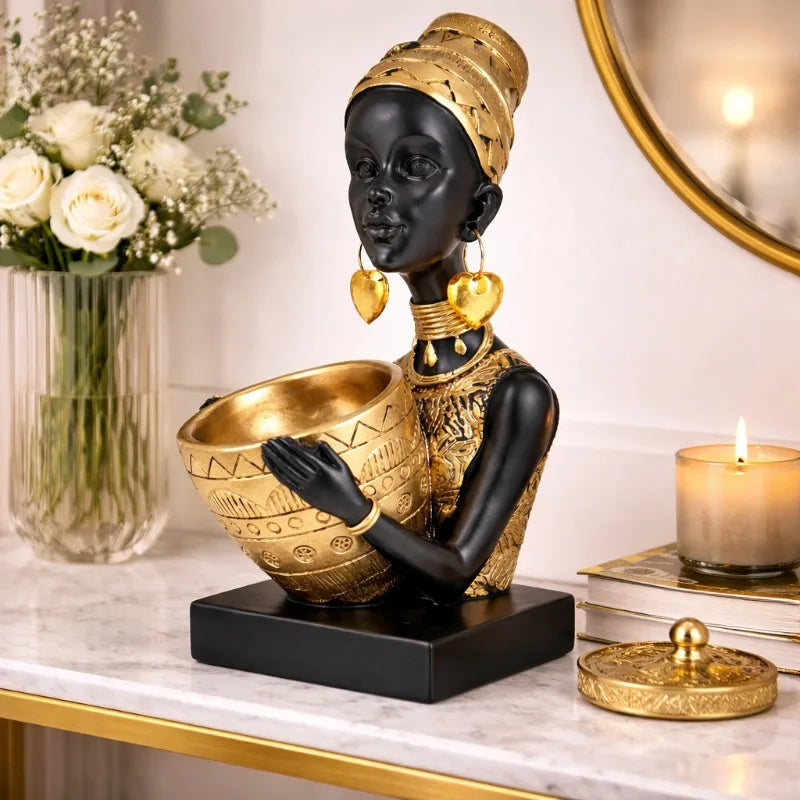 Resin African Tribal Statue and Tabletop Storage Tray