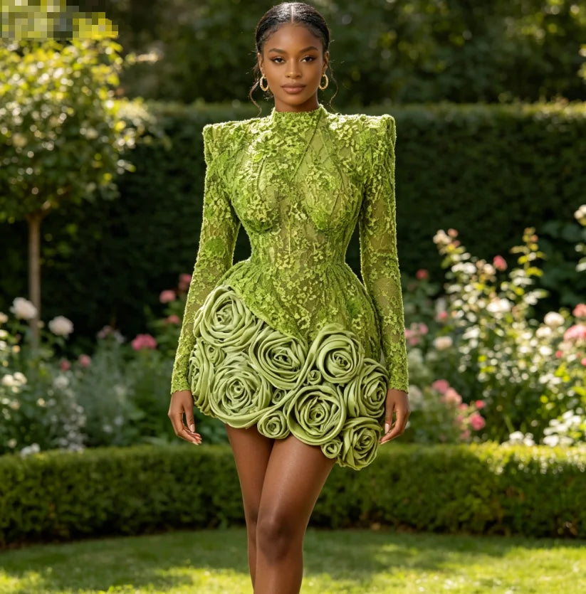 Women's 3D Floral Long Sleeve Mini Cocktail Dress