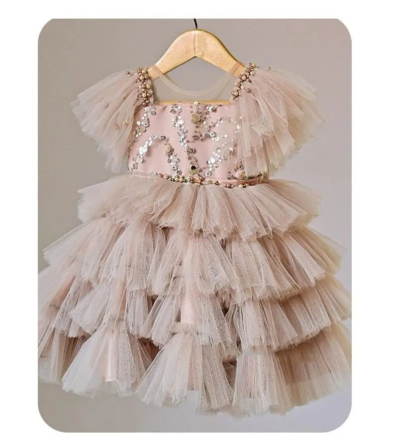 Girls' Sequined Fluffy Mesh Bow Princess Dress