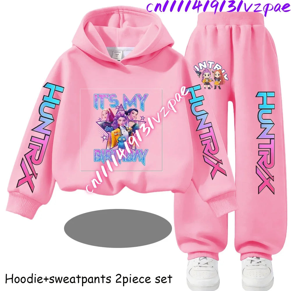 Girls' Print Hoodie Pants Two-Piece Set