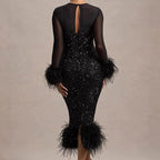 Women's Sequin Feather Patchwork Mesh Long Sleeve Dress