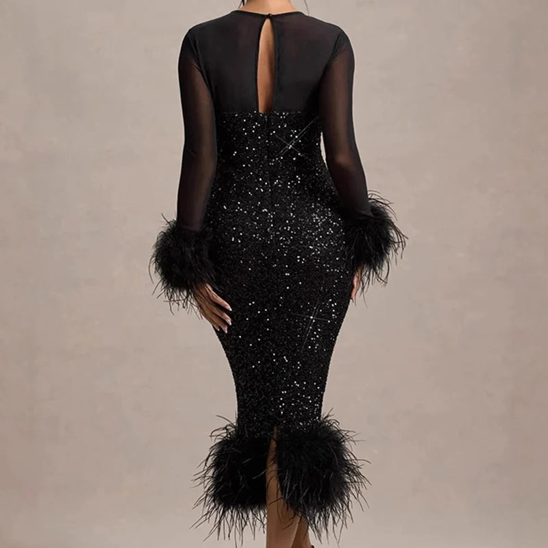 Women's Sequin Feather Patchwork Mesh Long Sleeve Dress