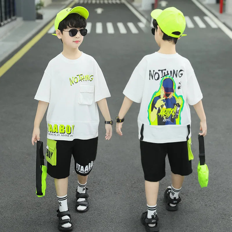 Boys Summer Letter Print Short Sleeve T-Shirt and Shorts Set