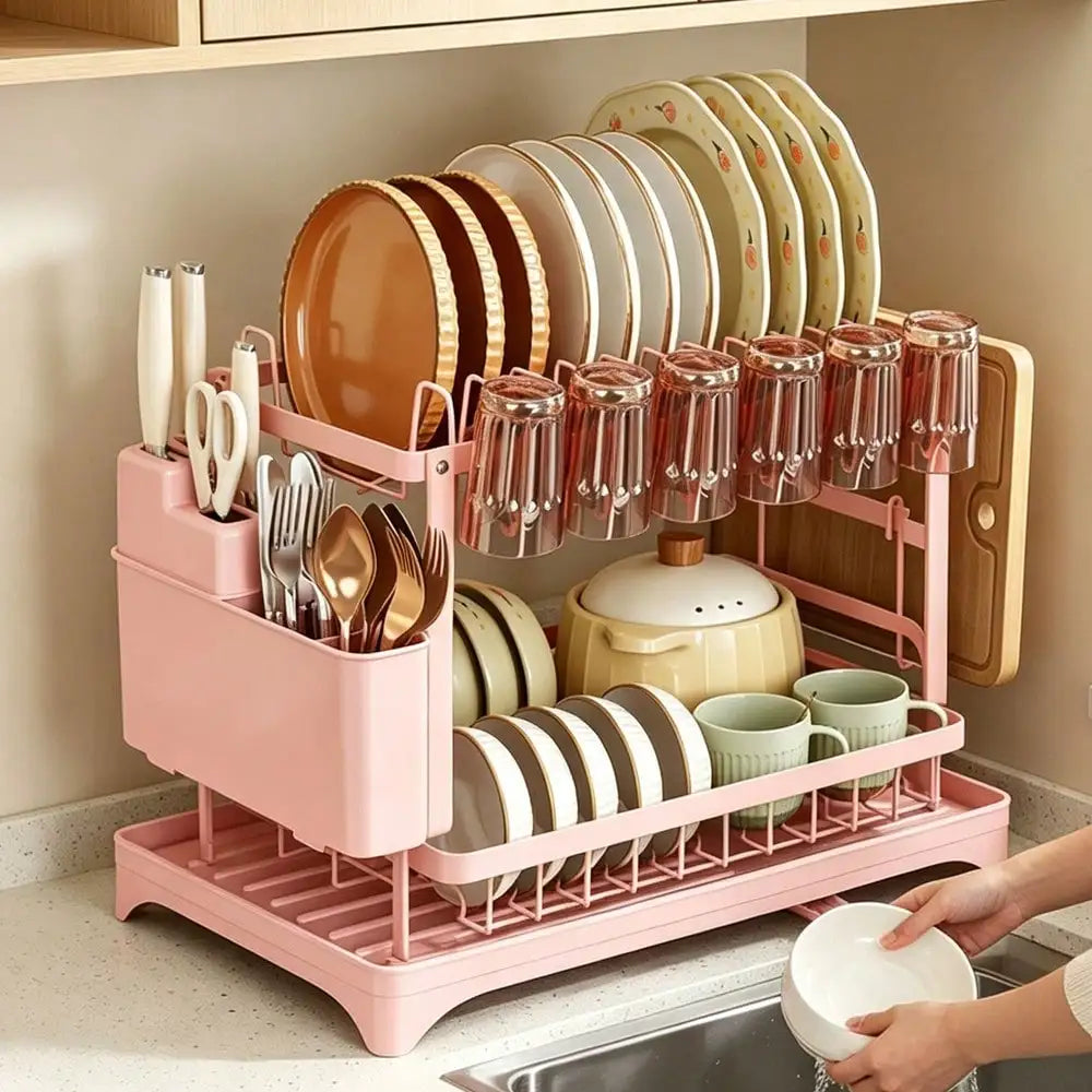 2 Tier Dish Drying Rack and Drainboard Set with Utensil Holder