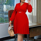 Women's V Neck Pleated Belted Mid Calf Dress
