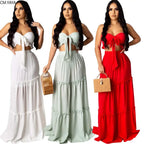 Women Strapless Crop Top and Ruffled Maxi Skirt Two-Piece Bohemian Set