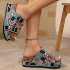 Women's Rhinestone Beaded Platform Wedge Sandals Buckle Strap Slides