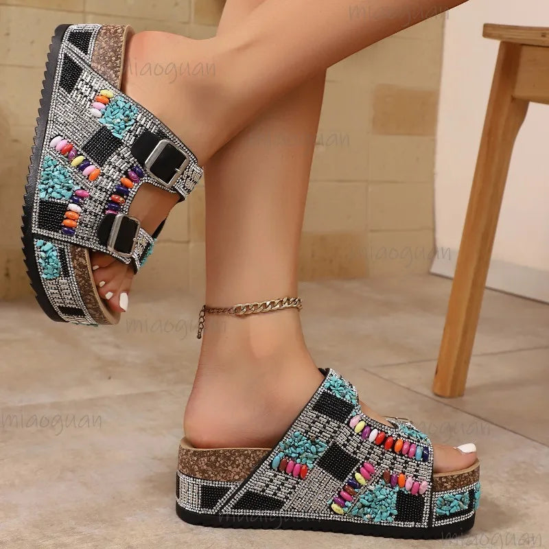 Women's Rhinestone Beaded Platform Wedge Sandals Buckle Strap Slides