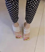 Women's Pearl Beading Square Open Toe High Heel Mules