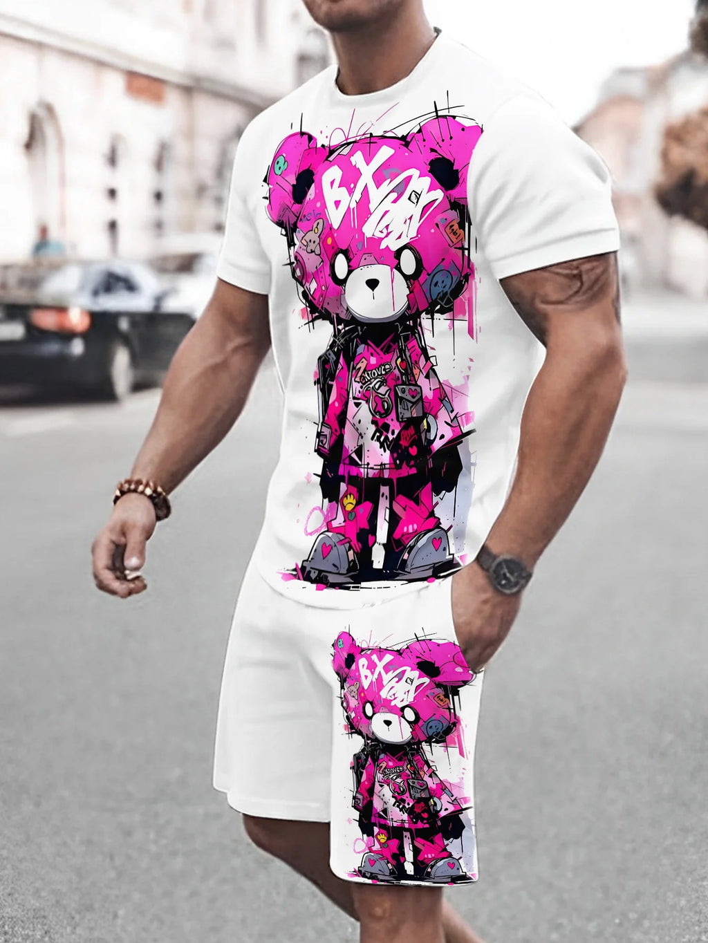 Men's Casual Graffiti Print T-Shirt and Shorts Two Piece Set